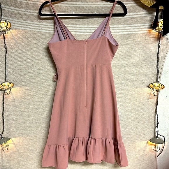 Blush Pink Wrap Mini Dress – Ruffle Hem, Adjustable Waist, Minor Flaw - Picture 5 of 11